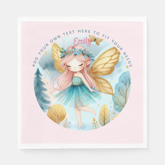 Fairy Birthday Teal Gold Pink Princess Fairytale Napkin (Front)