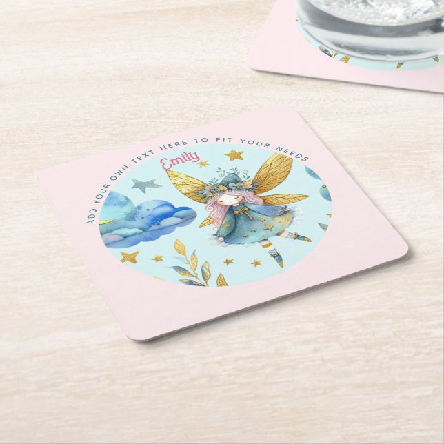 Fairy Birthday Teal Gold Pink Princess Fairytale Square Paper Coaster (Angled)