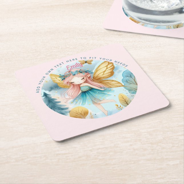 Fairy Birthday Teal Gold Pink Princess Fairytale Square Paper Coaster (Angled)