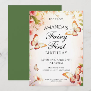 Fairy Butterfly and Floral 1st Birthday Theme Invitation