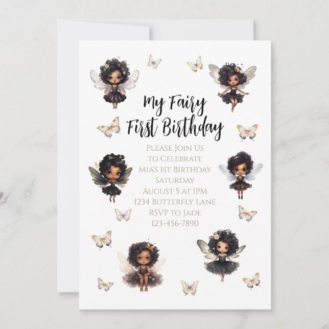 Fairy Butterfly Birthday Invitation Afro Fairy (Front)