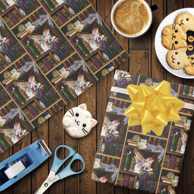 Fairy Cats Books Library Fantasy Wrapping Paper (Creator Uploaded)