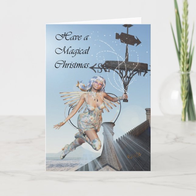 Fairy christmas scene, fairy holding weather vane holiday card (Front)