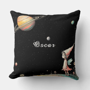 Fairy Contemplating Space with Planets Cushion