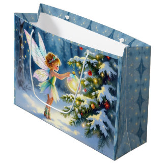 Fairy decorating a Christmas Tree Cottage Core Large Gift Bag