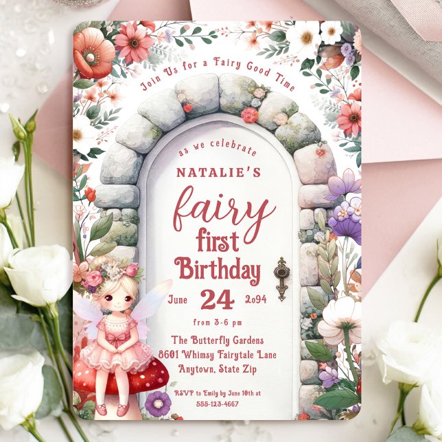 Fairy Door Blonde Hair Fairy First Birthday Party Invitation (Fairy First Birthday Invitation with Blonde Fairy Girl and Enchanted Garden Doorway.)