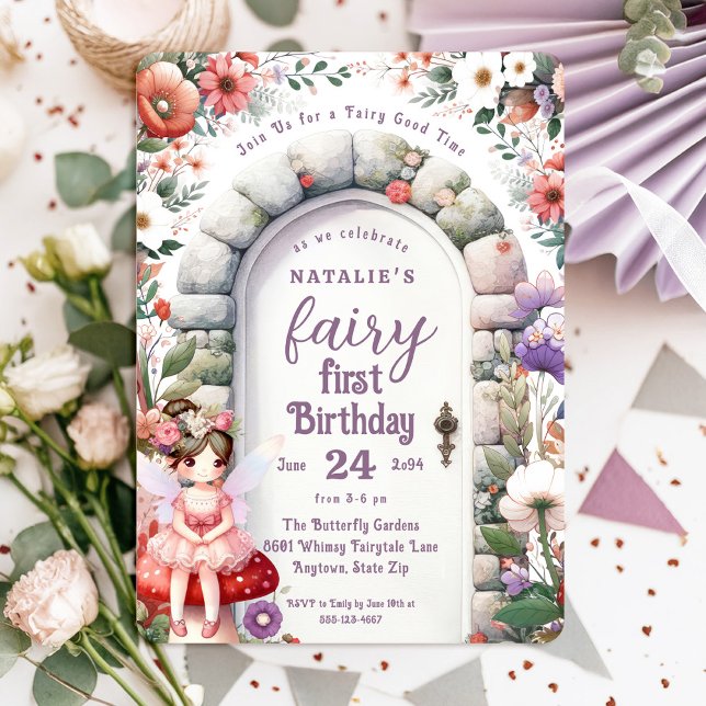 Fairy Door Brown Hair Fairy First Birthday Party Invitation (Fairy First Birthday Invitation with Brown Hair Fairy Girl and Enchanted Doorway)