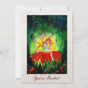 FAIRY DREAMING ON A RED FLOWER gold  yellow green Invitation