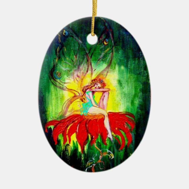 FAIRY DREAMING ON A RED FLOWER ,VIBRANT RUBY CERAMIC TREE DECORATION (Front)
