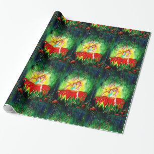FAIRY DREAMING ON RED FLOWER Green Yellow Fantasy Wrapping Paper