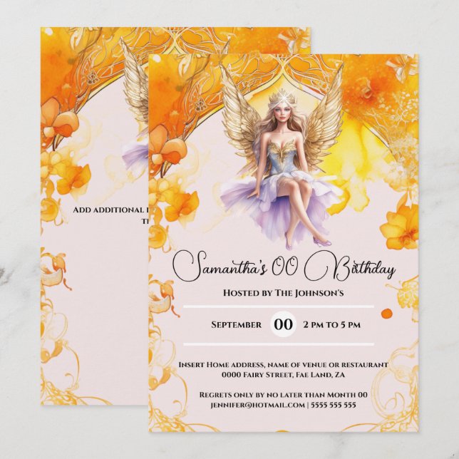 Fairy elegant girls orange birthday party invitation (Front/Back)