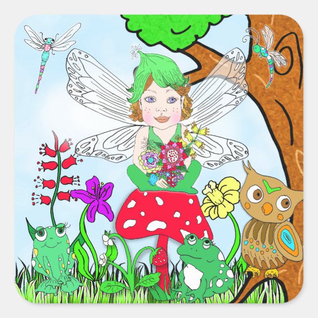 Fairy Elf Girl Sitting on Magical Mushroom Square Sticker (Front)
