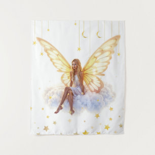 Fairy fantasy blonde girl cloud sitting magical tapestry