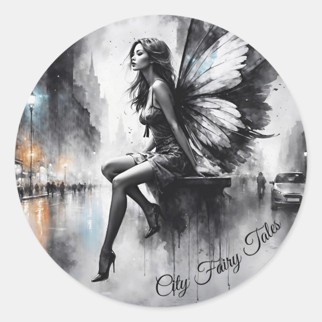 Fairy fantasy rainy night streets dream world classic round sticker (Front)