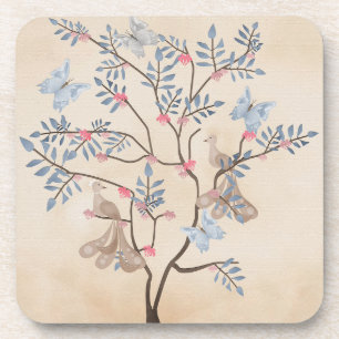 Fairy fantasy tree birds flowers beige grunge retr coaster