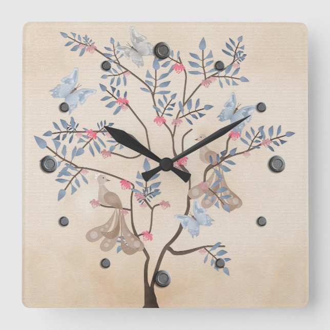 Fairy fantasy tree birds flowers beige grunge retr square wall clock (Front)