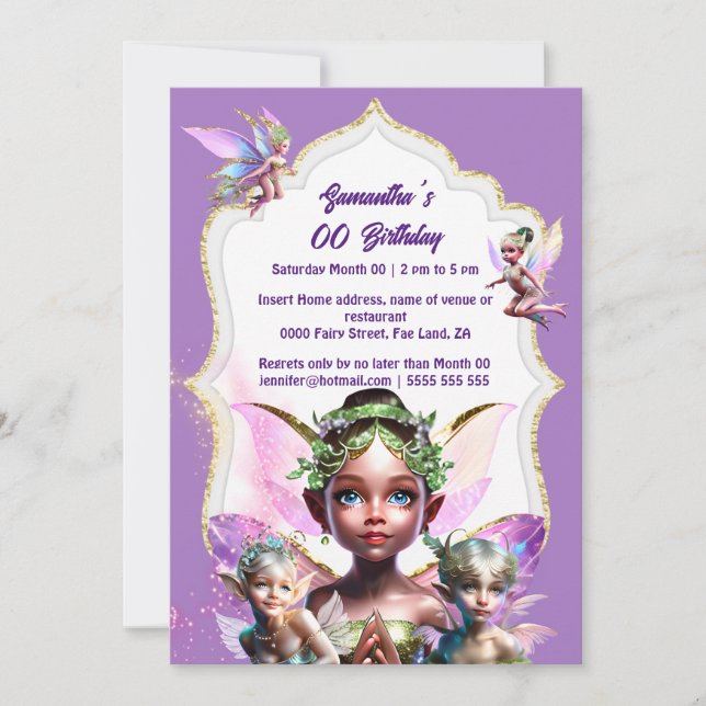 Fairy fantasy whimsical pixie princess purple girl invitation (Front)