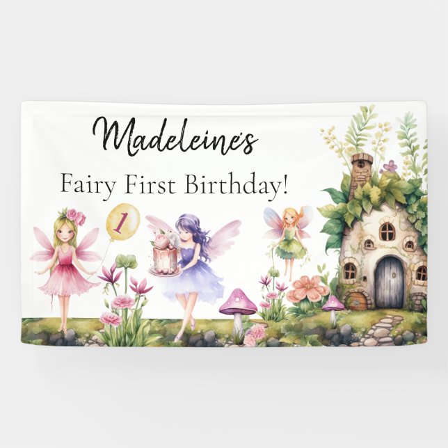 Fairy First 1st Birthday Enchanted Garden Backdrop Banner (Horizontal)