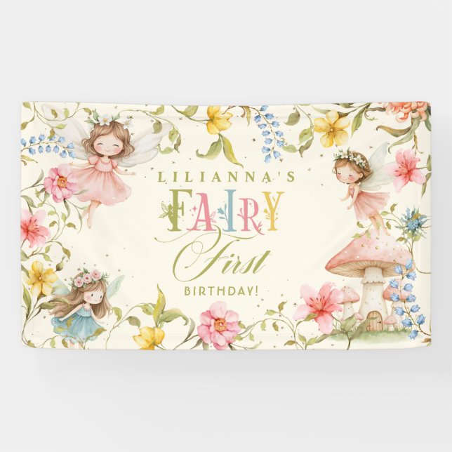 Fairy First Birthday Colorful Enchanted Garden Banner (Horizontal)
