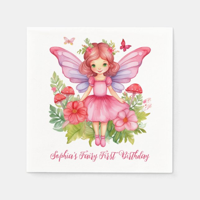 Fairy First Birthday Cute Girl Pink Watercolor Napkin (Front)