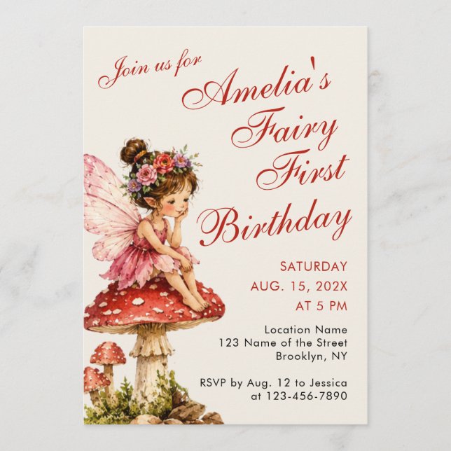 Fairy First Birthday Cute Girl Red Script Mushroom Invitation (Front)