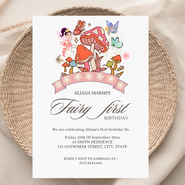 Fairy First Birthday cute Watercolor Mushroom  Invitation (Creator Uploaded)