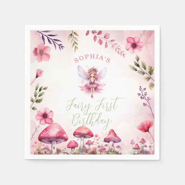 Fairy First Birthday Enchanted Forest Mushroom Napkin (Front)