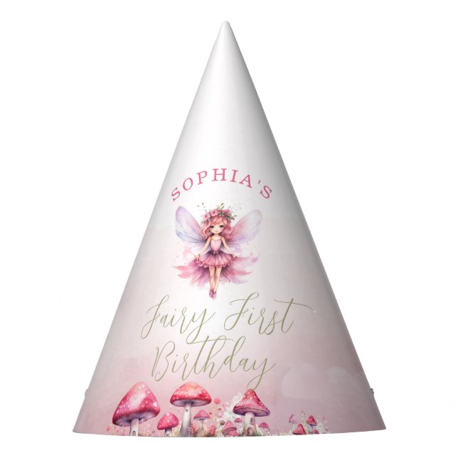 Fairy First Birthday Enchanted Woods Party Hat (Front)