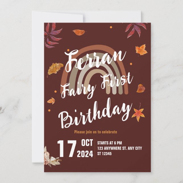 Fairy First Birthday Fall Boho Rainbow  Invitation (Front)