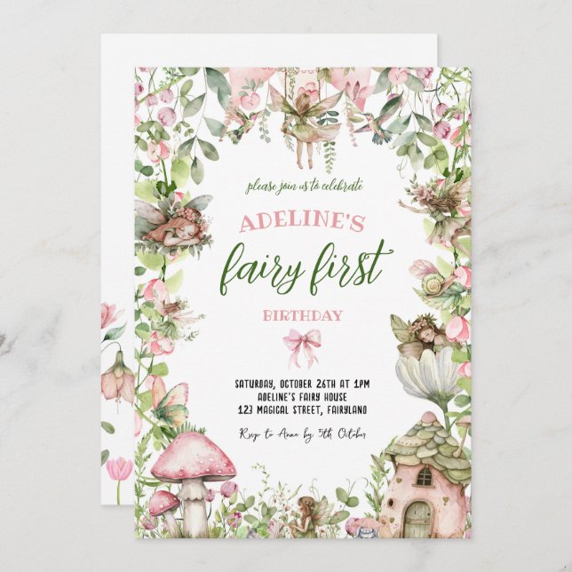 Fairy First Birthday Forest Watercolor Cute Girl Invitation (Front/Back)