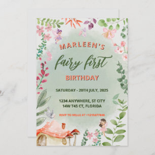 Fairy First Birthday Forest Watercolor Mushroom Invitation