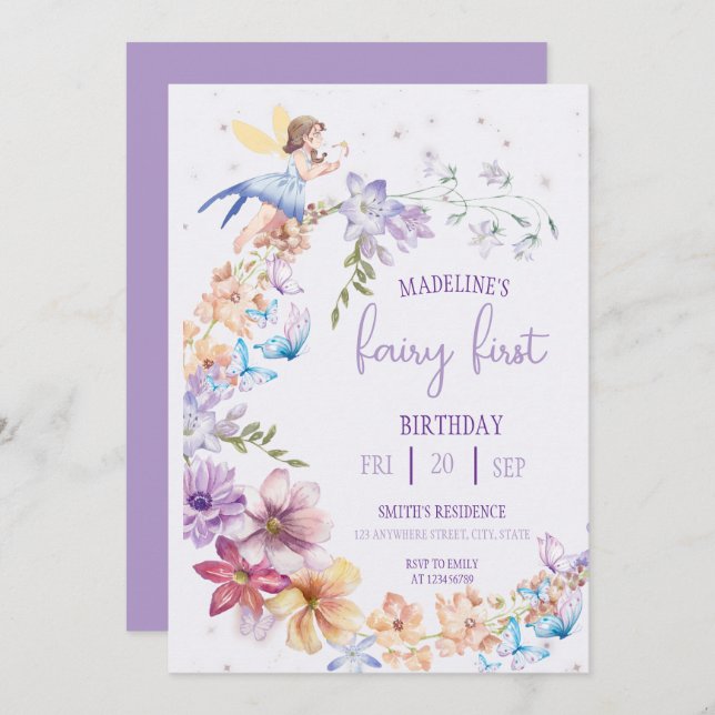 Fairy First  Birthday Forest Watercolor Mushroom  Invitation (Front/Back)