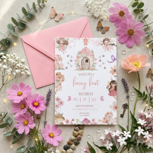 Fairy First Birthday Forest Watercolor Mushroom  Invitation