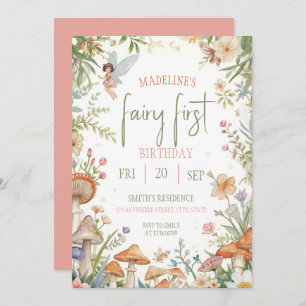 Fairy First  Birthday Forest Watercolor Mushroom  Invitation