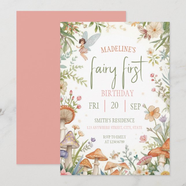 Fairy First  Birthday Forest Watercolor Mushroom  Invitation (Front/Back)