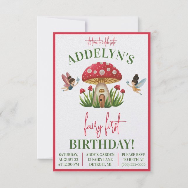 Fairy First Birthday, Garden Mushroom Birthday Invitation (Front)