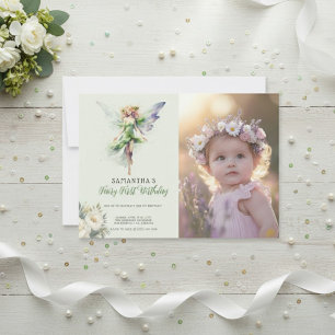 Fairy First Birthday Invitation   Dusty green