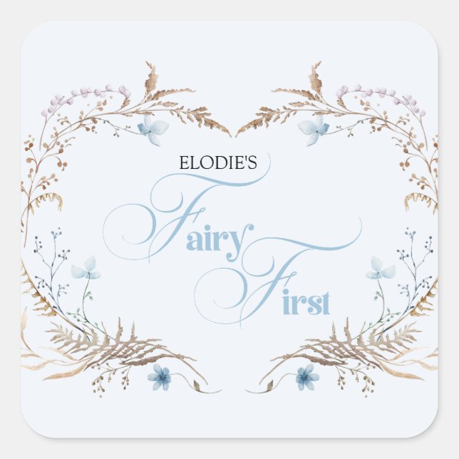 Fairy First Birthday Invitation | Elegant Blue  Square Sticker (Front)