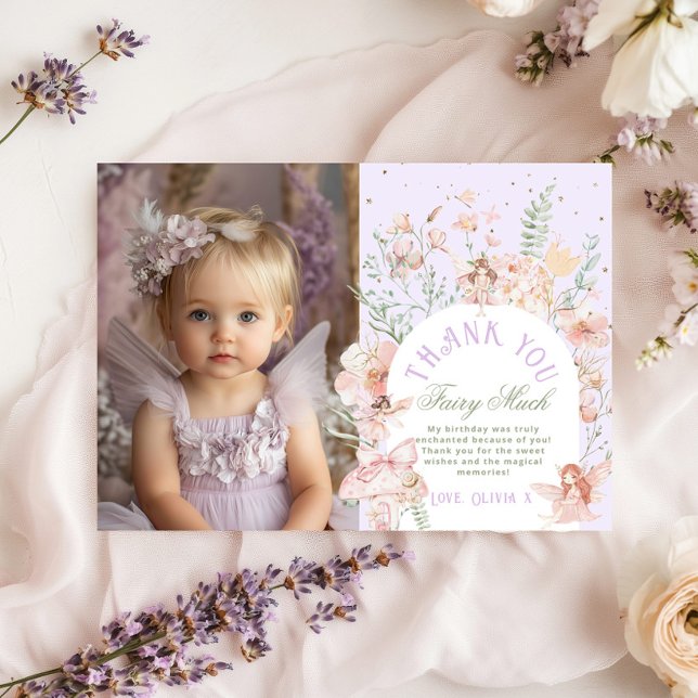 Fairy First Birthday Lilac Photo Thank You Card (Creator Uploaded)