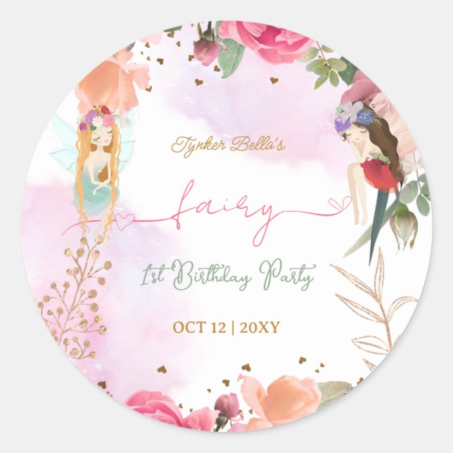 Fairy First Birthday Party Baby Girl  Classic Round Sticker (Front)