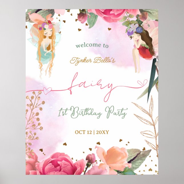 Fairy First Birthday Party Baby Girl Welcome Sign (Front)