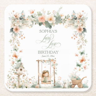 Fairy First Birthday Party Personalised Square Paper Coaster