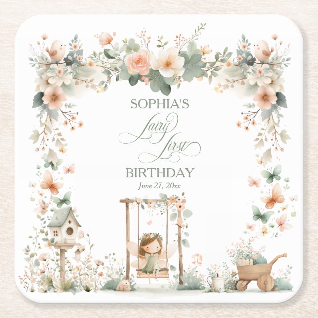 Fairy First Birthday Party Personalised Square Paper Coaster (Front)