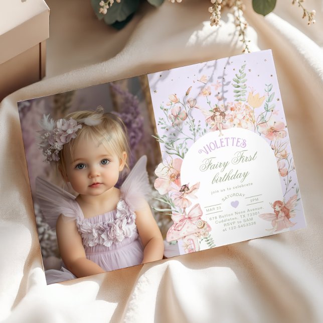 Fairy First Birthday Pastel Lilac Whimsical Photo Invitation (Creator Uploaded)