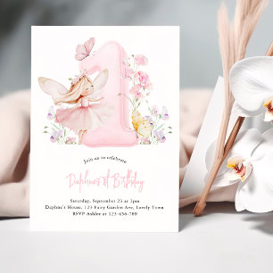 Fairy First Birthday Pink Number 1 Girls Party Invitation