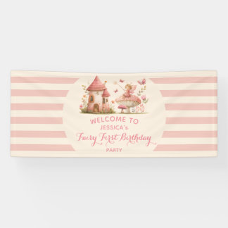 Fairy First Birthday Pink Striped WELCOME Banner