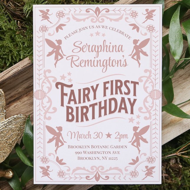 Fairy First Birthday Pink Sweet Girls Bday Party Invitation (fairy first birthday party invitation girls 1st bday invite magical whimsical princess pixie pink)
