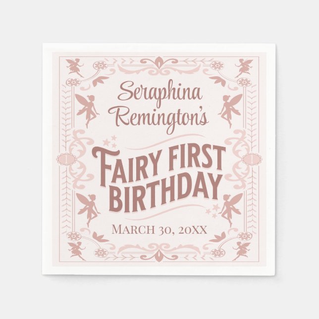 Fairy First Birthday Pink Sweet Girls Bday Party Napkin (Front)