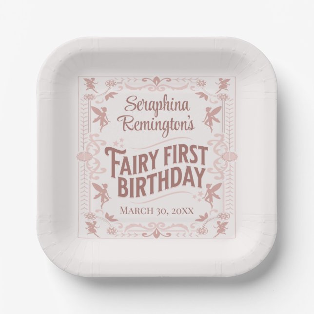 Fairy First Birthday Pink Sweet Girls Bday Party Paper Plate (Front)
