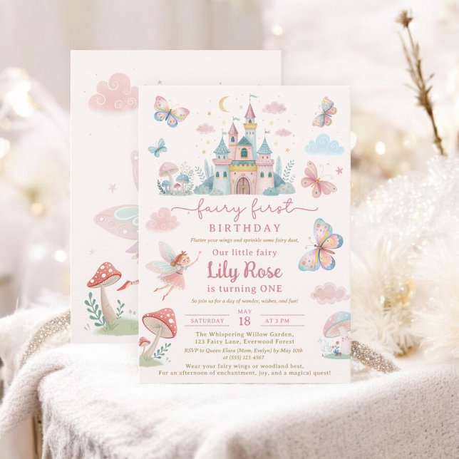 Fairy First Birthday Pink Whimsical Castle Kids Invitation (Fairy First Birthday Pink Whimsical Castle Kids Invitation)